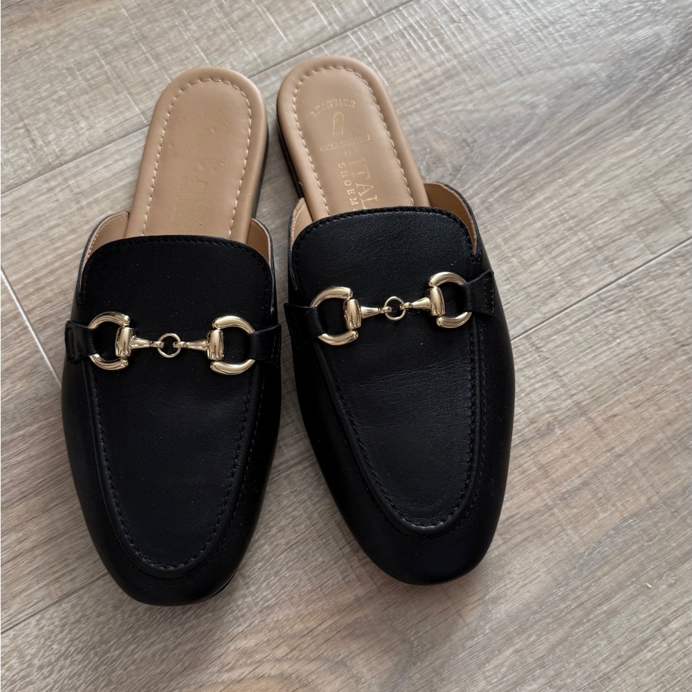 Italian Shoemakers Gucci Style Black Mules with Gold Detail